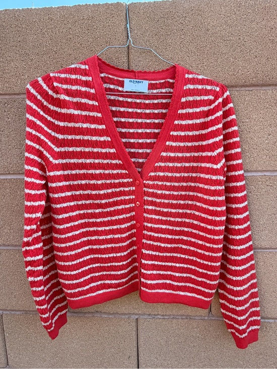Old Navy Sweaters - Old Navy Red & Cream Striped V-Neck Button Front Cardigan